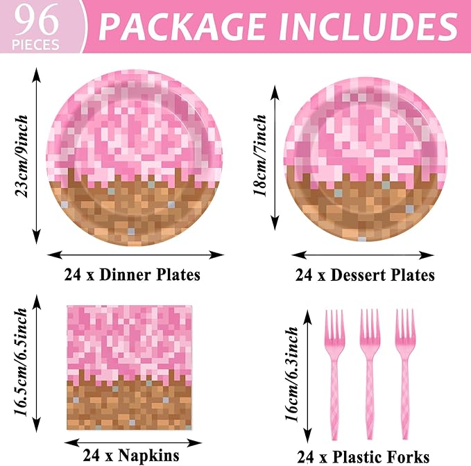96Pcs Pixel Girl Birthday Plates and Napkins Mining Party Decorations Video Game Paper Tableware Set Pink Pixel Themed Disposable Dinnerware kit for Baby Shower Party Supplies Serve 24