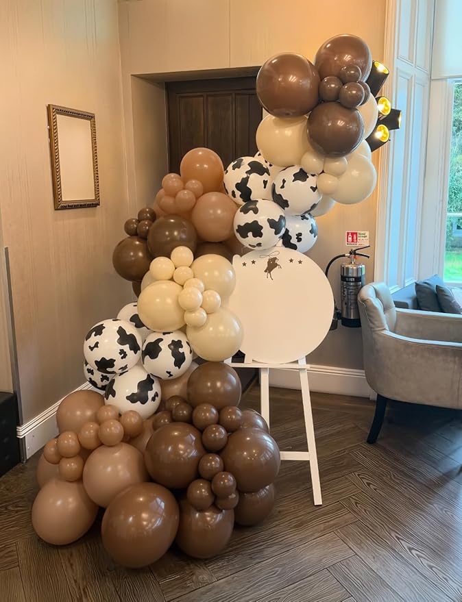 Western Cow Print Balloon Arch Kit, 134 Pcs Brown Beige Coffee and Cow Print Balloons, for Cowboy Birthday, Baby Shower, Western Farm Theme Party Backdrop Decorations