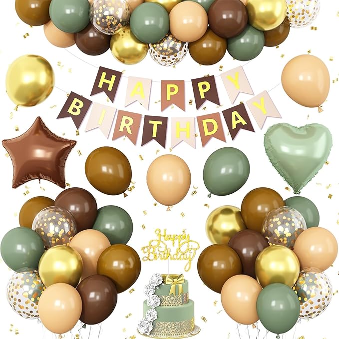 Sage Green Brown Birthday Decorations,Coffee Nude and Gold Jungle Safari Balloons Camo Army Woodland Forest Hunting Birthday Party Decorations Animal Theme Kids Birthdays Decor
