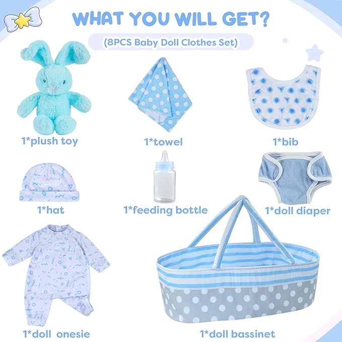 BABESIDE 8 Pcs Reborn Baby Doll Clothes with Bassinet for 17-22 Inch Babydolls, Reborn Baby Doll Accessories fit Dolls, Babydolls Clothes for Realistic Dolls,Toy Gift for Boys Girls