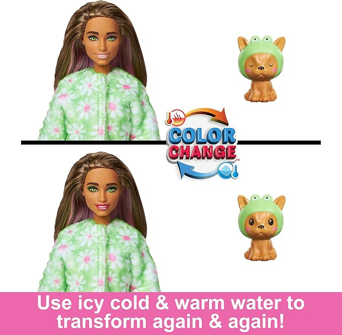 Barbie Cutie Reveal Doll & Accessories with Animal Costume & 10 Surprises Including Color Change, Puppy as Frog in Costume-Themed Series