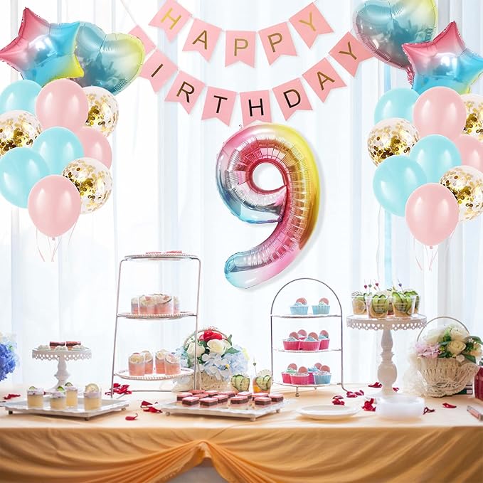 9th Birthday Decorations for Girls - Gradient Color Age 9 Balloons With Happy Birthday Banner for Baby Showers, Ninth Party Supplies for Girls Boys