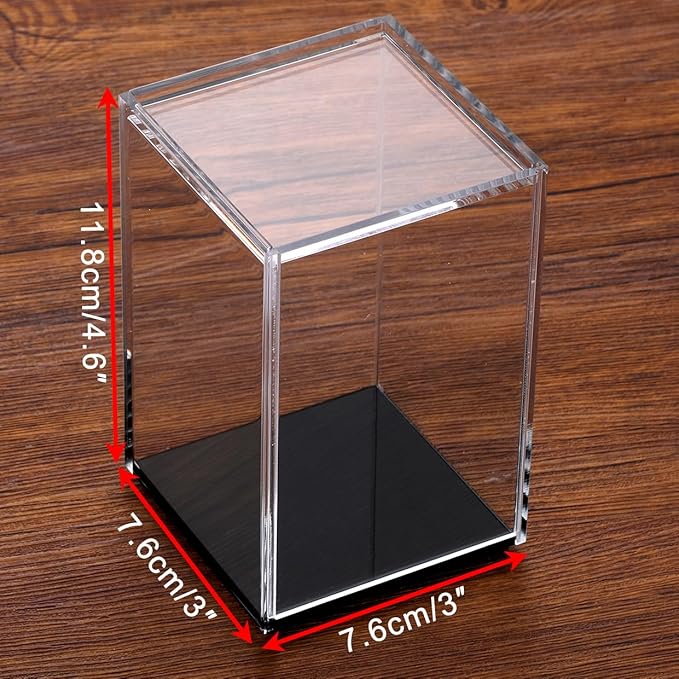 JUXYES Pack of 2 Clear Acrylic Display Case with Sliding Door for Mini Action Figures, Stackable Display Case Cube Small Showcase Free Standing Collectibles Protection Box, Black Bottom