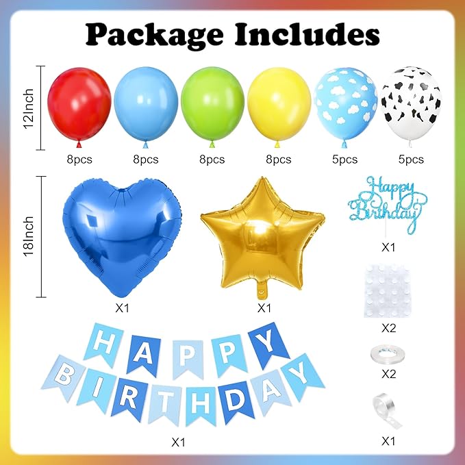 Red Yellow Blue Birthday Decorations,Kids Birthday Decor with Cow Print Sky Light Blue Cloud Balloon Banner Cake Topper Star Heart Foil Balloon for Farm Themed Party Decorations