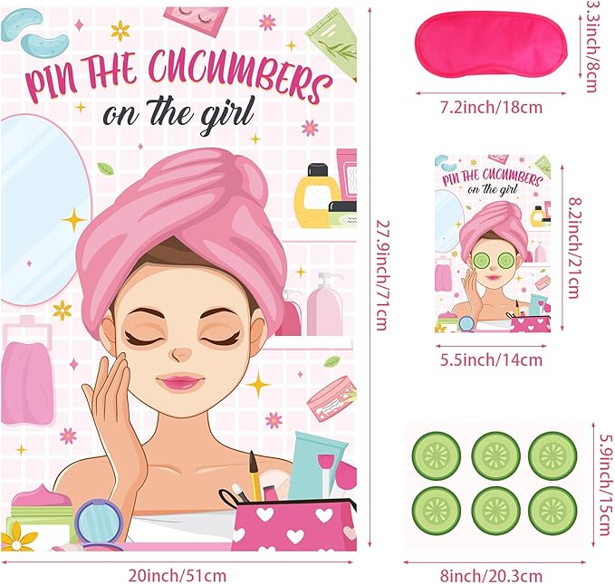 Hxezoc Spa Party Games Pin The Cucumbers on The Girl With 42 Pcs Cucumber Stickers, Large Spa Party Games Poster for Kids Girls Women Spa Birthday Party Carnival Supplies
