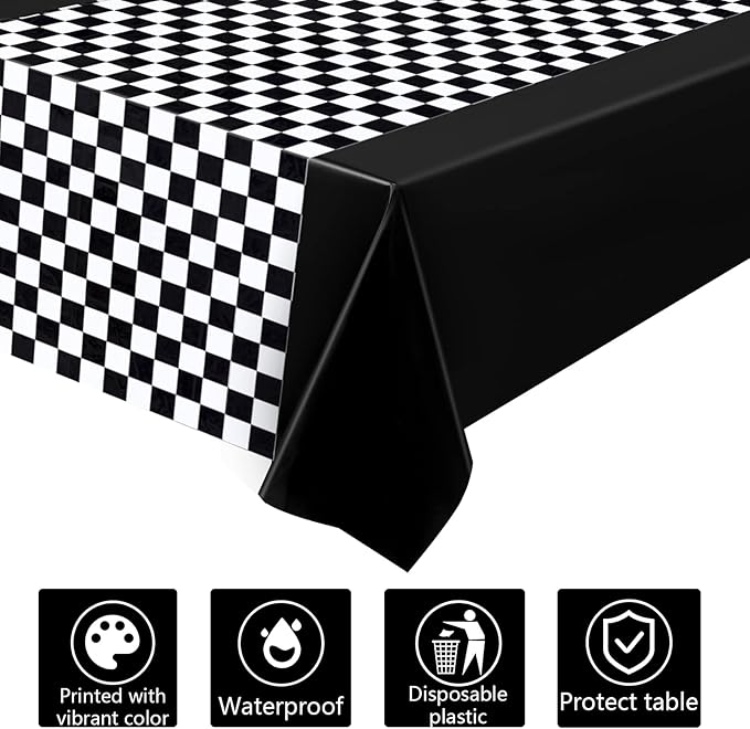 Tallew 6 Pcs Checkered Car Party Supplies Disposable Tablecloth Plastic Table Cover Black and White Checkered Race Table Runner for Racing Birthday Party Decor Favor Supplies (Black)