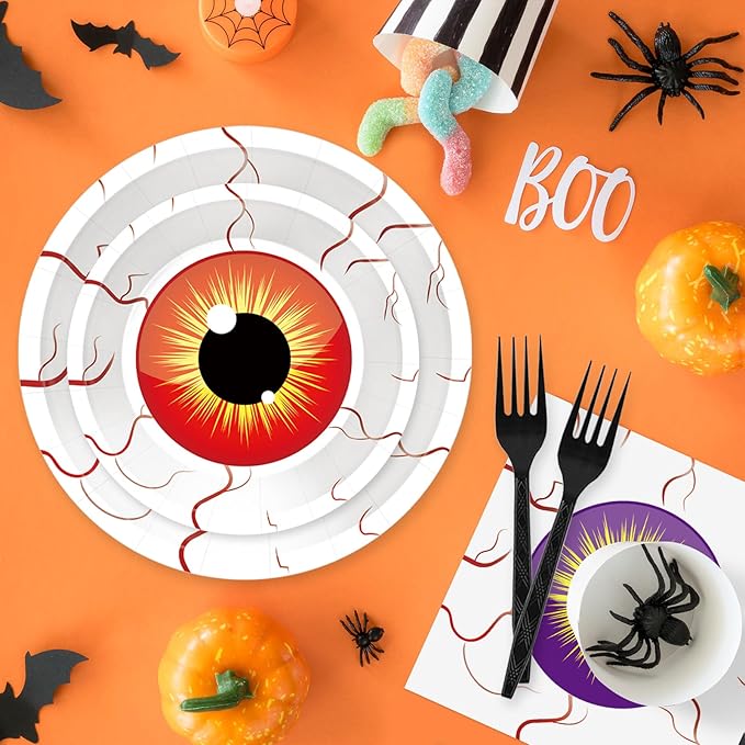 100 Pcs Spooky Halloween Eyeball Party Supplies Set - Serves 25, Scary Disposable Tableware, Includes Paper Plates, Napkins, Forks for Halloween Decorations, Trick or Treat Eyeballs Party Favors