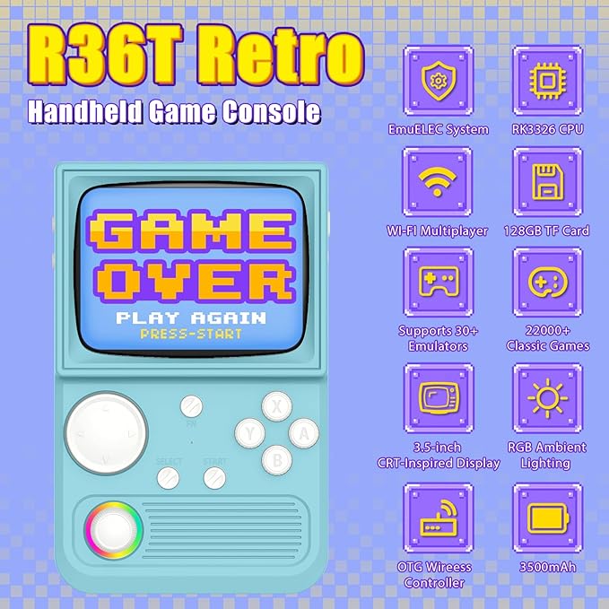 R36T Retro Gaming Console, 3.5'' IPS Screen CRT-Inspired, Handheld Game Console with 22000+ Classic Games Supports WiFi Networked Fighting and OTG, 3500mAh Battery, with Portable Case(Blue 128GB)