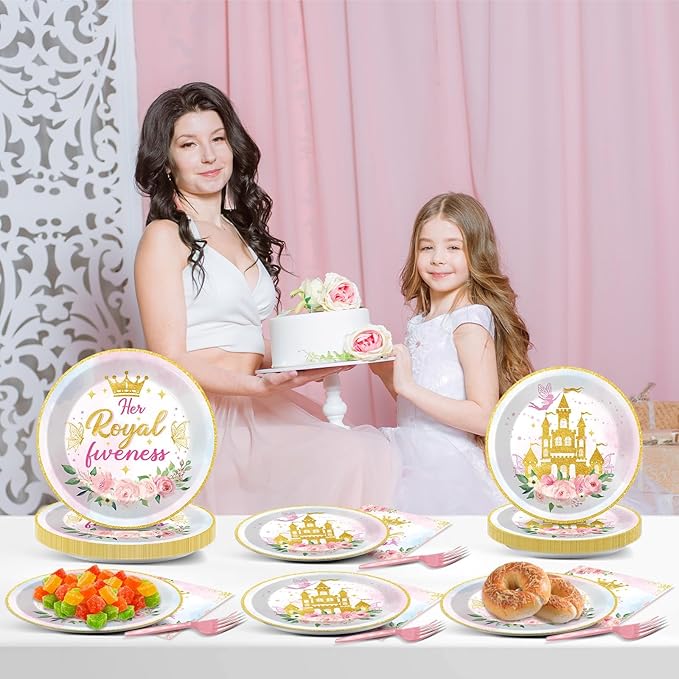 CHUNNIN 96Pcs Princess 5th Birthday Plates and Napkins Her Royal Fiveness Decorations Princess Party Dessert Plates Rainbow Castle Tableware for 24 Guests 5th Theme Girl Baby Shower Party Supplies