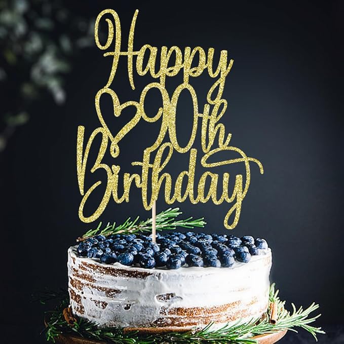 Gold Glitter Happy 90th Birthday Cake Topper - Cheers to 90 Years Cake Topper, 90 & Fabulous Cake Decoration for Hello 90th Birthday Anniversary Party Cake Decorations Supplies