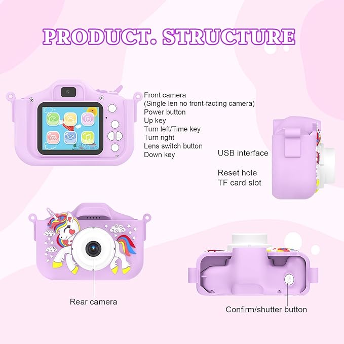 Kids Camera for 3-9 Year Old Boys Girls, Children Digital Camera with Cute Cartoon Soft Cover & 32GB SD Card, Best Christmas Birthday Gifts for Grandkids, Halloween Party Favors for Kids - Purple