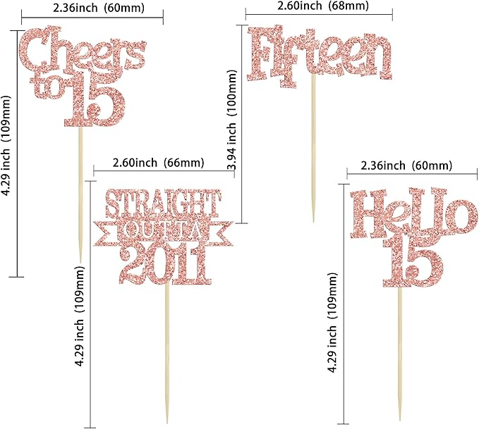 Ephlyn 24Pcs 15th Birthday Cupcake Toppers Glitter Straight Outta 2011 Cupcake Picks Hello 15 Cheers to 15 Years Cake Decorations for 15th Birthday Anniversary Party Decorations Supplies Rose Gold
