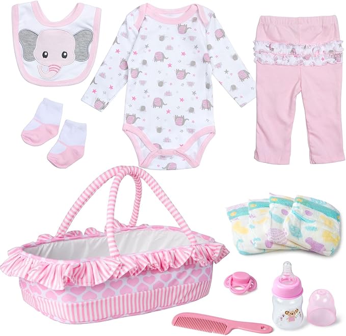 Reborn Baby Doll Clothes 18-22 Inch Pink Elephant Newborn Reborn Baby Clothes with Bassinet 20 inch Doll Accessories 12 Pcs Outfits