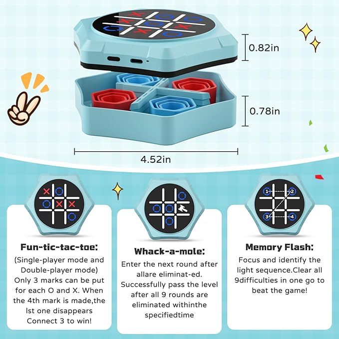 Tic Tac Toe Bolt Game,5-in-1 Handheld Puzzle Games Console,Electronic Tic Tac Toe Game for Educational&Memory,Portable Travel Games for Car Ride with Silent Mode,Toys Gift Idea for Kids & Family-Blue