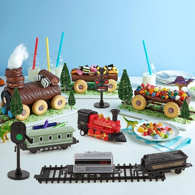 Hooqict 12Pcs Train Cake Topper Birthday Party Decorations Train Cake Decorations Set with Mini Railroad Track, Traffic Light, Railroad Crossing Sign Cake Toppers for Kids Boys Birthday Party Supplies