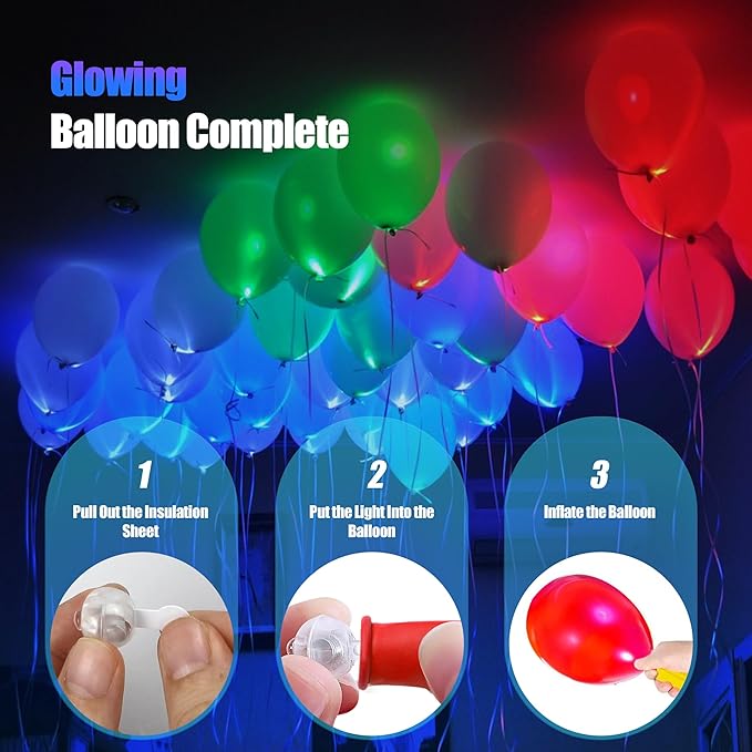 100pcs LED Glow Balloons Set Includes 50 PCS LED Round Mini Balloon Lights and 50 PCS UV Neon Balloons Glow in the Dark for Birthday Decorations Wedding Decoration Supplies