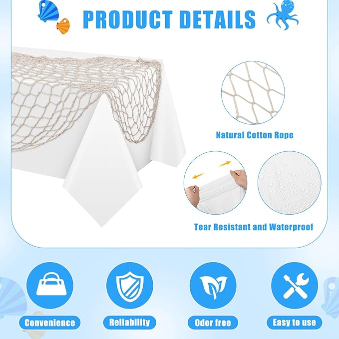 Unittype 6 Pack Fish Net Decorative and Tablecloth Set, Cotton Fishnet and Plastic Table Cover Decorations Set for Nautical Themed Party Baby Shower Pirate Decorations Mermaid Party Supply (White)