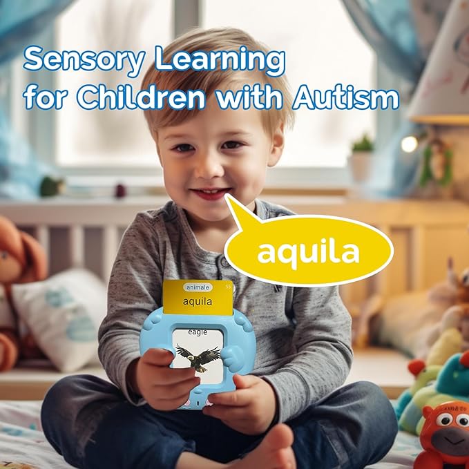 Bilingual English Italian Flash Cards - Talking Flash Cards for Kids, Pocket Speech for Toddlers 3-12, Educational Learning Audible Gift Play Cards Italian, Autism Sensory Toys (Blue)
