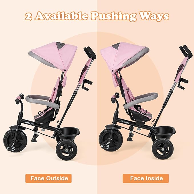 BABY JOY Tricycle, 4 in 1 Toddler Bike w/Removable Canopy, Adjustable Push Handle, Reversible Seat, Safety Belt, Folding Footrest & Storage Basket, Toddler Tricycle for Boys Girls 9-60 Months (Pink)