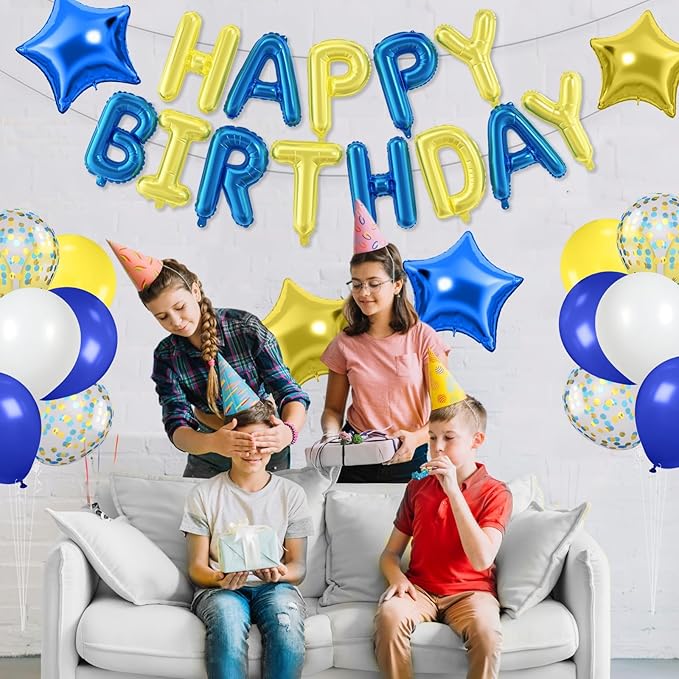 29PC Blue Yellow Happy Birthday Balloon Banner, 16 Inch 3D Aluminum Letter Banner Sign, Blue Yellow Confetti Balloon 18 Inch Star Foil Balloon for Women, Men Birthday Party Decorations