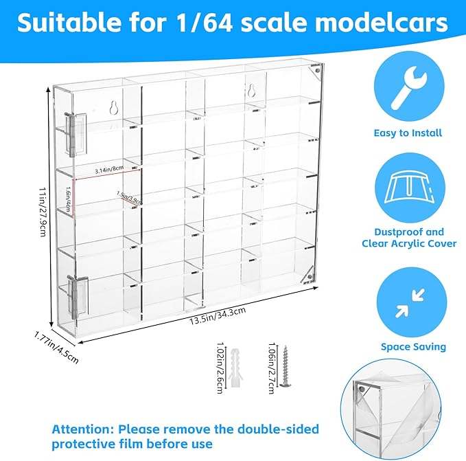 Acrylic Display Case for Hot Wheels 1/64 Scale, 24 Slots Toy Car Display Organizer Wall Mount or Desktop Diecast Model Car Showcase for Matchbox Storage Clear Collectible Model Storage