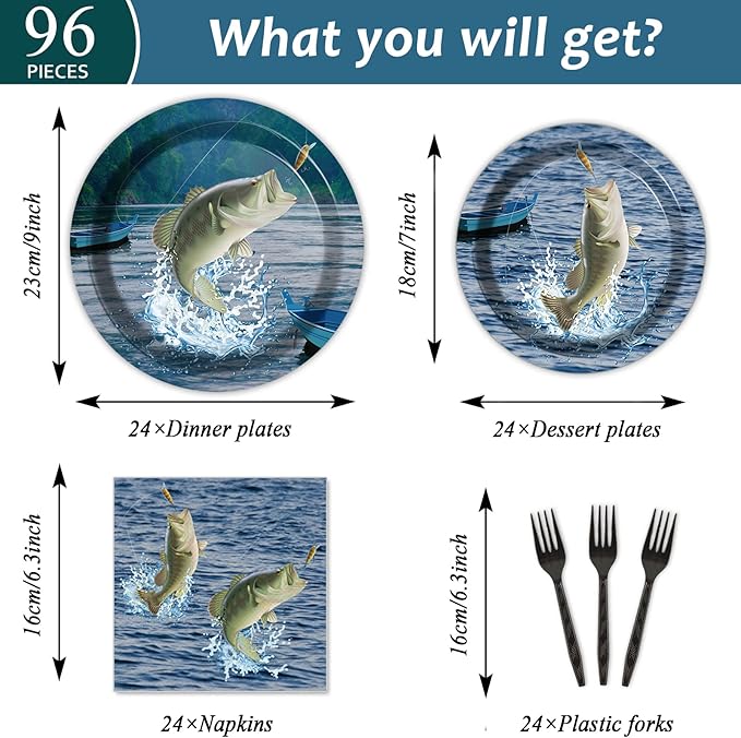 Gone Fishing Party Plates Napkins Gone Fishin' Dinnerware Fishing Themed Tableware for Fishin Tournament Birthday Disposable Paper Plates Napkins Party Decorations Supplies Favors 24 Guests