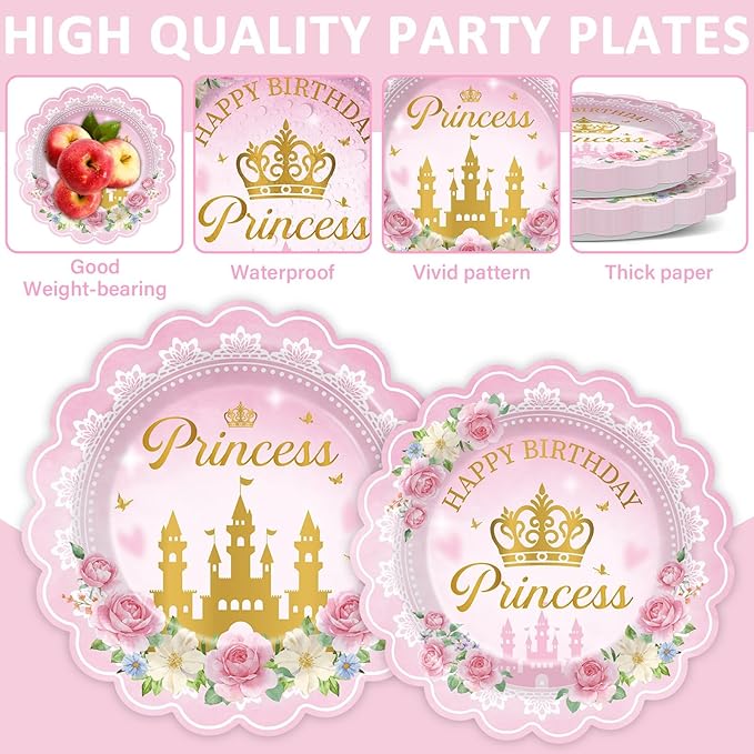 96pcs Princess Birthday Party Decorations Pink Princess Scalloped Plates Napkin Tableware Set Pink Floral Gold Castle Fairytale Disposable Tableware for Girls Birthday Baby Shower Party Supplies Favor
