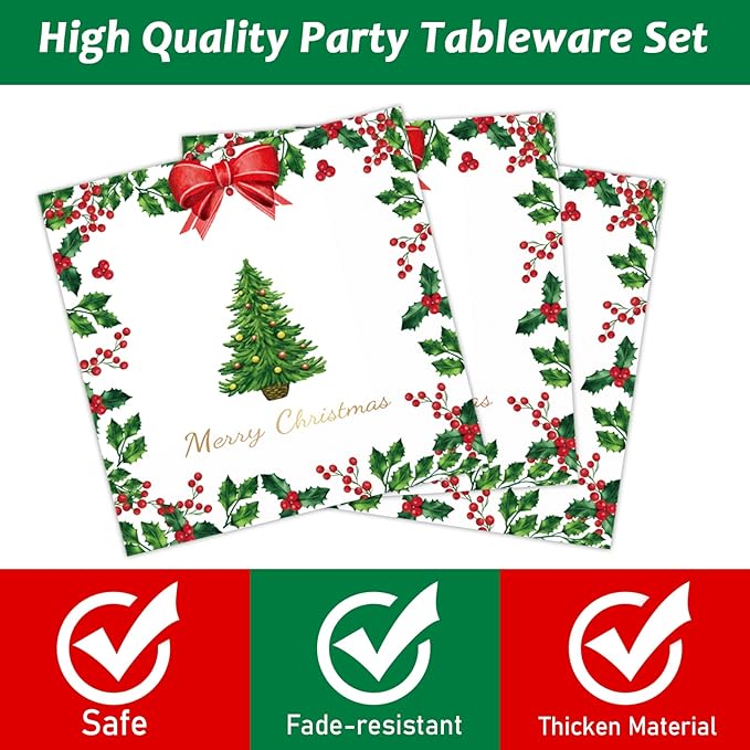 gisgfim 96 Pcs Christmas Paper Plates Napkins Party Supplies Holly Leaf Party Tableware Decorations Favors for Merry Christmas Birthday Serves 24