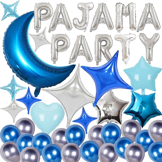 44 Pieces PAJAMA PARTY Balloons Blue Moon Star Heart Aluminum Foil Balloons Silver Latex Balloons for Girls Women Boys Slumber Party Sleepover Birthday Party Spa Party Decoration (Blue)