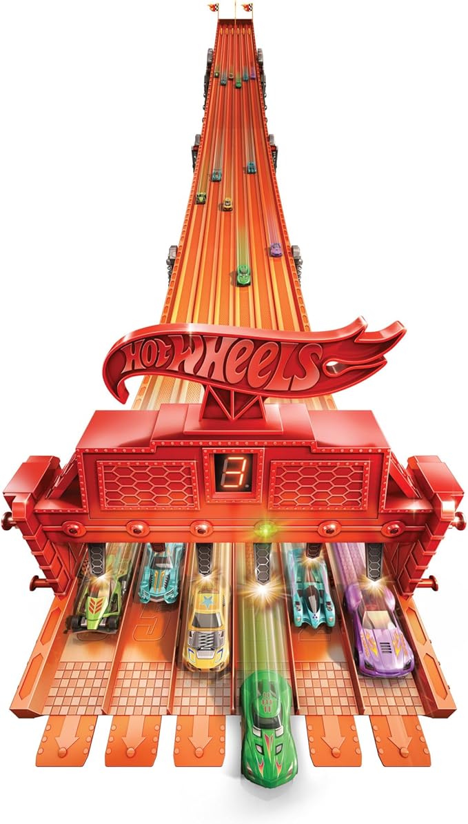 Hot Wheels Toy Car Playset with Lights, Sounds & 6 1:64 Scale Vehicles, Super 6-Lane Raceway, 8-foot Track that Rolls Up for Storage (Amazon Exclusive)