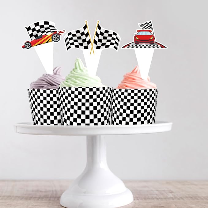 48 Pack Race Car Cupcake Toppers and Wrappers, Race Car Party Cake Decoration for Racing Checkered Theme Birthday Party Baby Shower Supplies