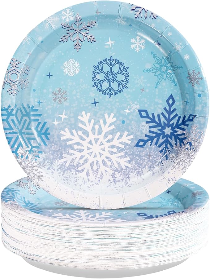 50Pcs Winter Frozen Snowflake Paper Plates 7 Inch Heavy Duty Snowflake Dessert Plates Winter Blue Wonderland Disposable Plate for Girls Winter Xmas Holiday Frozen Birthday Party Decorations