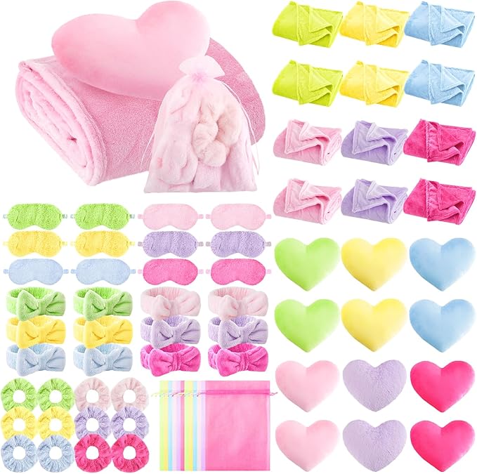 72 Pcs Sleepover Party Supplies for Girl Spa Slumber Birthday Favors Throw Blanket Pillow Eye Mask Headband Scrunchies (Solid Color,Multicolor)