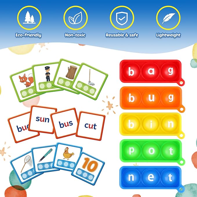 Aizweb CVC Word Games Kindergarten,Phonics Games for Kids Ages 3-8,CVC Pop its with Flash Cards for Preschool Special Education Classroom Supplies,Reading&Spelling Activity Manipulatives for Teachers