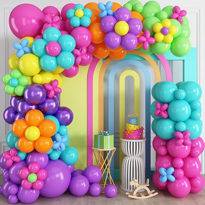 Magic Balloon Garland 161 Pcs Assorted Colors Latex Balloons Arch Kit Hot Pink Orange Yellow Green Purple Blue Long Colorful Balloon for Kids Fiesta Neon Summer Baby Shower Birthday Party Decor