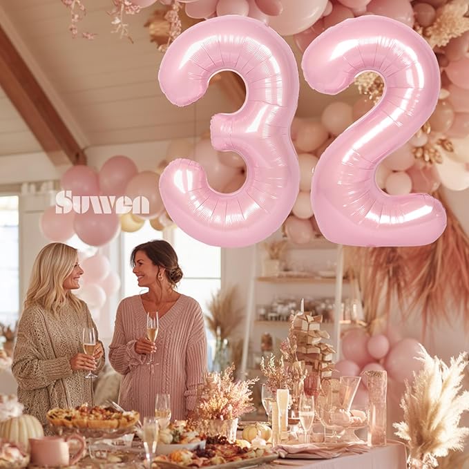 SUWEN 40 Inch Large Pink 32 Balloon Numbers Big Foil Helium Number Balloons 0-9 Jumbo Happy 32nd Mylar Birthday Party Decorations for Women 23 Anniversary Party Supplies