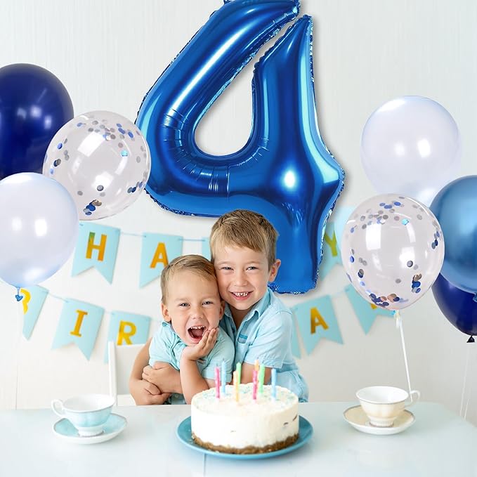 Number 4 Balloon Pastel Blue for kids, XXL 4th Birthday Decor Foil Balloon Dark Navy Blue with Silver Confetti Helium Balloon, 40 Inch Balloon 4 for Boys Four Birthday Party Anniversary Decorations