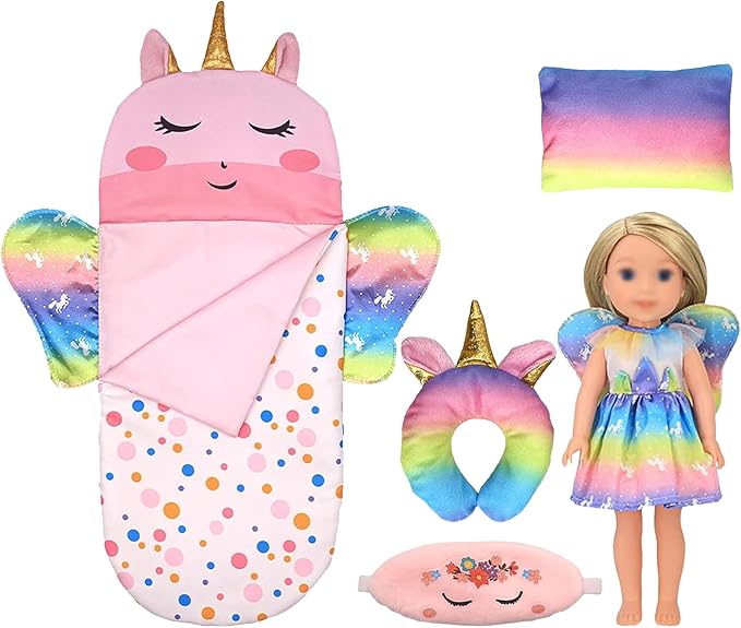 ONEST 5 Pieces 14 to 14.5 Inch Doll Clothes Doll Sleeping Bag for Dolls Include Unicorn Clothes Sleeping Bag, Pillow, Eye Mask, U Shaped Pillow