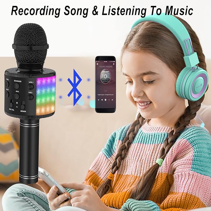 Bluetooth Karaoke Microphone for Singing: Professional Handheld Wireless Microphone with Lights for Kids Adults Black