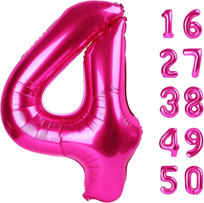 Rose Red Number 4 Balloon 40 Inch, Big Large Foil Helium Hot Pink Number Balloons,Jumbo Giant Mylar Self Inflating Number 0 Balloons for Birthday Party Decorations Supplies