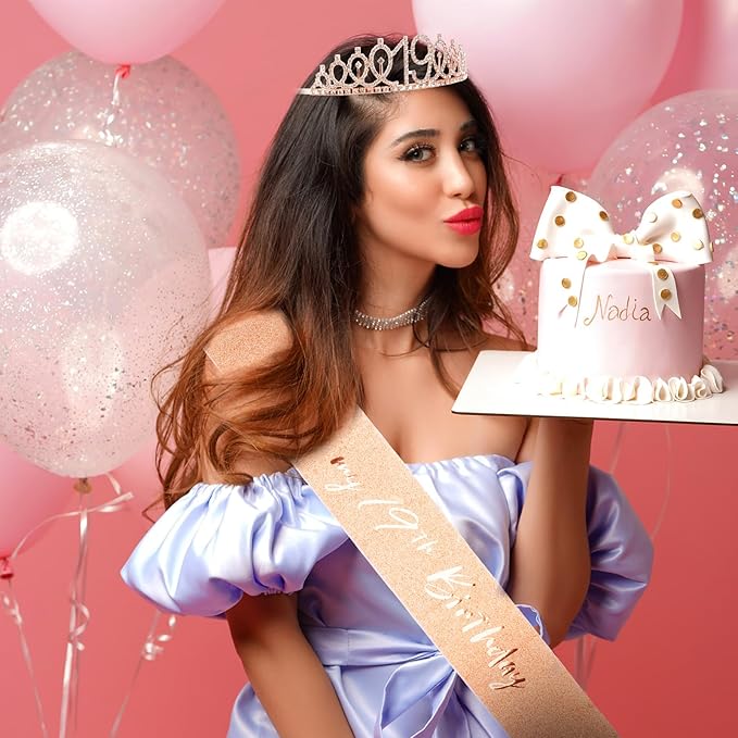 CIEHER 19th Birthday Crown and Sash for Girls, It's My 19 Bday Sash, 19th Birthday Decorations Rose Gold