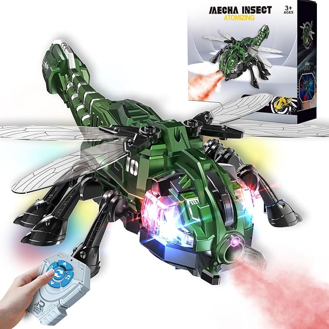 RC Dragonfly Robot Toy with 2.4GHz Remote, Lights, Music & Spray - Realistic Dragonfly Gift for Kids, Perfect for Holidays, Parties & Pranks, Green