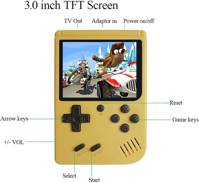 Handheld Games Console for Kids Adults - Retro Video Games Consoles 3 inch Screen 168 Classic Games 8 Bit Game Player with AV Cable Can Play on TV (Yellow)