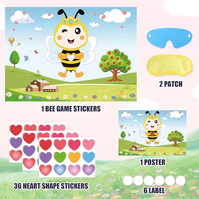 Hooqict Valentines Games for Kids Party Pin The Heart on The Bee Valentines Day Party Games Activities Galentines Day Decorations, Large Pin The Tail Poster with 36 Stickers