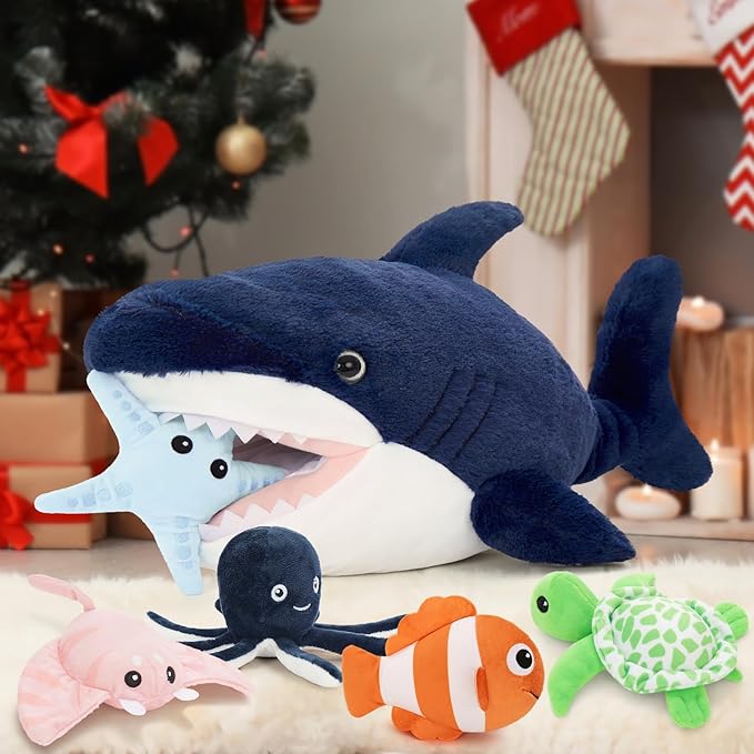 MaoGoLan 6Pcs Soft Shark Stuffed Animals with 5 Sea Animals Inside - Bulk Plush Toys Stuffed Shark Stingray Octopus Turtle Clown Fish Starfish, Kids Party Favors Valentine's Day Gifts Christmas