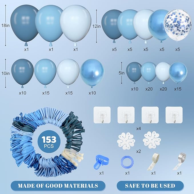 Amandir 153pcs Blue Balloon Garland Arch Kit, Different Sizes 18 12 10 5 inch Latex Metallic Confetti Blue Balloons for Boys Birthday Baby Shower Ocean Theme Party Anniversary Decoration Supplies
