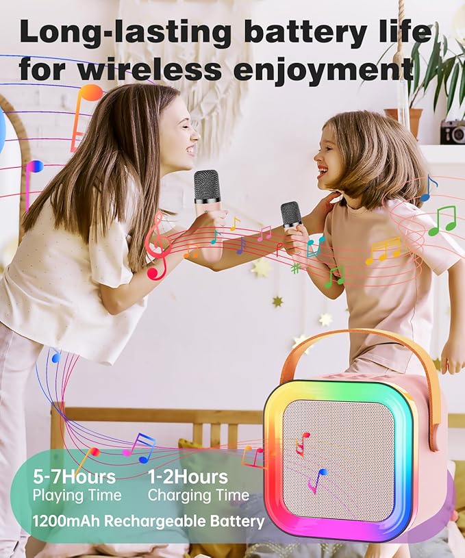 Mini Karaoke Machine Speaker for Kids Adults,Portable Bluetooth with 1-2 Wireless Microphones,Christmas Birthday Gifts Toys Girls Boys Ages 4, 5, 6,7, 8,9,10,11,12+ Years Old Toddler (Pink - 1 Mic)