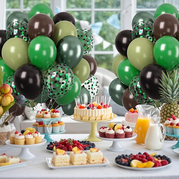 Paready Dark Green and Brown Balloons Set, 50 Pcs Metallic Green Brown Black Balloon, 12 Inch Sage Green Confetti Party Balloons for Kid Boys Camouflage Army Camping Camo Theme Party Birthday Supplies