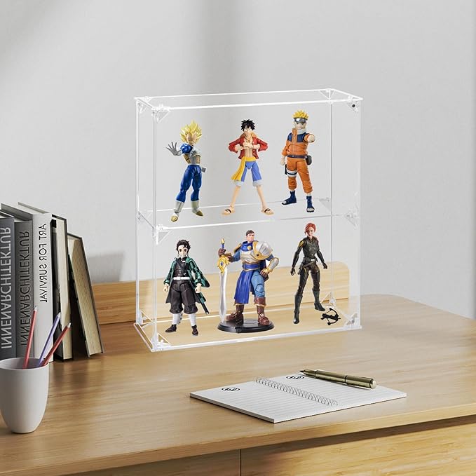 Acrylic Display Case, 2 Tier Clear Display Case for Funko Pop Figures, Wall Mounted or Desktop Dustproof Display Cabinet Box for Collectibles Action Figures Lego Models Mini Toys (12x4x13.1 inch)