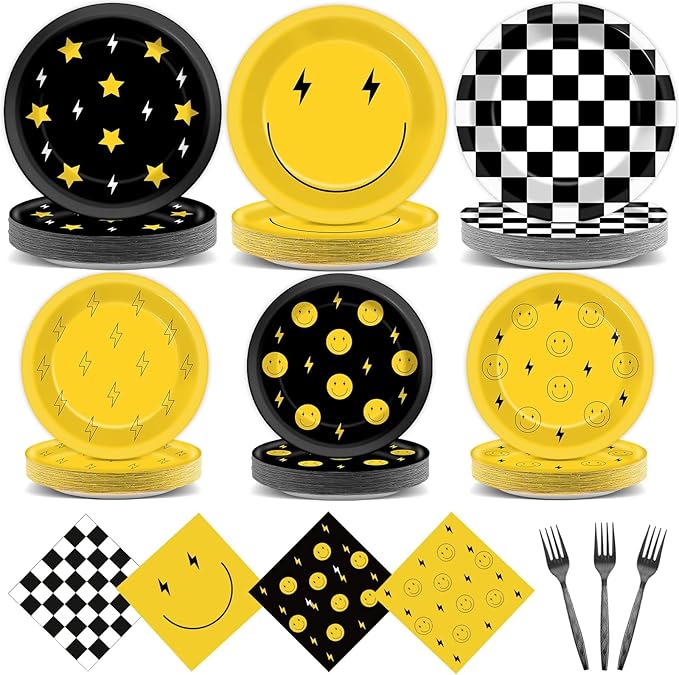 96Pcs Smile Face Birthday Party Decorations One Happy Dude Yellow Smile Face Paper Plates Napkins Lightning Star Checkered Tableware Dinnerware Supplies for Birthday Baby Shower Wedding Party Favors